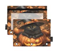 RPLIFE Zucca Black Witch Cat Astuccio a tre anelli con finestra trasparente, confezione da 2 astucci con cerniera per ragazzi, materiale scolastico per bambini, 9,8 "× 7" (taglia unica x 2)