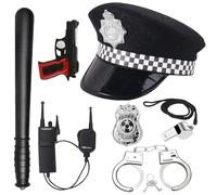 Rppiup 7 Pezzi Costume da Poliziotto Bambino, Accessori Set Cappello Manette Polizia distintivo polizia Manganello pistola giocattolo e altri accessori per Halloween Carnevale Festa Costume