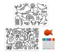 Rppiup Tovaglietta da colorare lavabile in silicone per bambini, 2 pezzi, con 10 pennarelli e gomma, 38 x 26 cm, riutilizzabile, in silicone, motivo: giungla e oceano