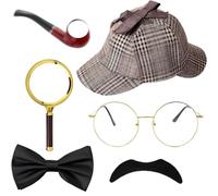 RQcMid Set completo di sei pezzi, travestimento per feste in maschera e giochi di ruolo, con oggetti di scena Sherlock Holmes come occhiali e lente d'ingrandimento, ideale per carnevale e spettacoli