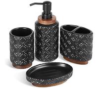 RQYIXI Set di accessori da bagno 4 pezzi portaspazzolino dispenser sapone ceramica e legno set da bagno contiene spazzolino tazza portasapone bicchiere nero