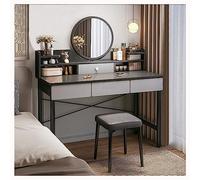 RRNAR Toeletta con Sgabello Comò, Tavolo da Trucco Moderno con Specchio, Postazione Make-up con Mensole Aperte e Cassetti, in Legno, per Camera da Letto, Guardaroba, Gray+Dark Grey,100x40x125.5cm