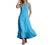Rrongwn Abito da spiaggia da donna, elegante, comodo, in cotone, con scollo a V, con spalline, leggero, senza maniche, con bottoni, per il tempo libero, blu cielo, M