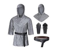 Rrongwn Camicia a catena da uomo rinascimentale finta chain Mail armatura tunica maglietta coif medievale cavaliere cowl travestimento costume da braccio cintura cintura, argento, S