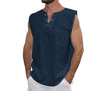 Rrongwn Camicia Senza Maniche Uomo Estate Tinta Unita Cotone Lino Spiaggia Camicia Senza Maniche Con Allacciatura E Taschino Boho Hippie Rinascimento Pirata Kilt Medievale Tunica Vacanze Spiaggia,