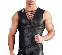 Rrongwn Canottiera da uomo in pelle con lacci in pelle senza maniche collo rotondo da uomo in ecopelle gilet canottiere rave danza, Nero , M