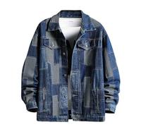 Rrongwn Giacca di jeans patchwork da uomo, lavaggio dei colori, giacca di jeans larga, tasche multiple, risvolti, bottone, Outwear Harajuku Style Jeans Look Used Streetwear, Blu, XXL