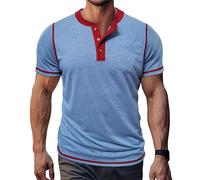 Rrongwn Henley - Maglietta da uomo a maniche corte estiva con tasca, basic, con bottoni, scollo a V, per uomo, leggera, comoda, per il tempo libero, Azzurro, M