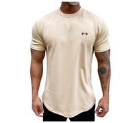 Rrongwn Maglietta da uomo basic da uomo, comoda, tuta da jogging, slim fit, sportiva, casual, girocollo, maglietta con logo, maglietta da corsa, in cotone, elasticizzata, a maniche corte, cachi, XL