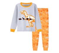 Rrongwn Pigiama a maniche lunghe per bambini e ragazzi, in cotone, pigiama invernale con camion dei pompieri, dinosauro, escavatore, trattore, treno, biancheria da notte in due, giallo., 140
