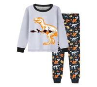 Rrongwn Pigiama a maniche lunghe per bambini e ragazzi, in cotone, pigiama invernale con camion dei pompieri, dinosauro, escavatore, trattore, treno, biancheria da notte in due, grigio chiaro, 160