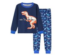 Rrongwn Pigiama a maniche lunghe per bambini e ragazzi, in cotone, pigiama invernale con camion dei pompieri, dinosauro, escavatore, trattore, treno, biancheria da notte in due, Blu, 160