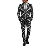 Rrongwn Tuta da uomo per Halloween, 3 pezzi, stampa con cravatta, stampa integrale, slim fit, elasticizzata, per matrimonio, spaventoso, festivo, comodo, per vacanze, feste, costume da scheletro, 11