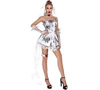 Rrongwn Vestito da donna per Halloween, costume da sposa con fantasma, per Halloween, carnevale, horror zombie, costume da sposa con fantasma, spaventoso, festival, abito da sera sexy, bianco, M