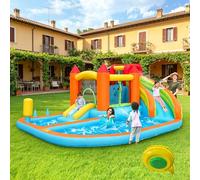 RRrawgff Castello Gonfiabile per Bambini 3-8 Anni Dotato di soffiatori, scivoli d'Acqua, trampolini, canestri da Basket, Pistole ad Acqua e Due Aree Piscina in Tessuto Oxford, 460x343x190cm