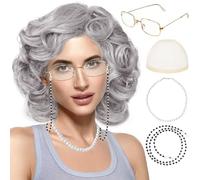 Rrshnsgv 5 parrucche e accessori da vecchia signora, parrucca grigia per nonna, set per costume da vecchia signora per feste di Halloween, cosplay da donna anziana