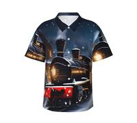 RRSZCC Inverno Natale Neve Notte Ferrovia Treno Stampa Uomo Leggero Hawaiian Camicia Casual Manica Corta per Estate Spiaggia Vacanze, Nero , XL
