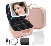RRtide Beauty case con specchio illuminato a LED, borsa da viaggio per trucchi con divisori regolabili, custodia per trucchi con specchio e specchio ingranditore rimovibile 10x, Rosa-1., Magnetico