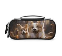Rrtsmsgh Astuccio con due corgis di grande capacità, piccola borsa per il trucco in pelle PU con cerniera e manico, astuccio portatile per ufficio e cosmetici