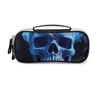 Rrtsmsgh Astuccio con stampa 3D con teschio blu, grande capacità, piccola borsa per il trucco in pelle PU con cerniera e manico, astuccio portatile per ufficio, cosmetici