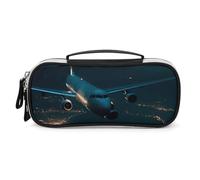 Rrtsmsgh Astuccio per matite con aereo che vola di notte, grande capacità, piccola borsa per il trucco in pelle PU con cerniera e manico, astuccio portatile per ufficio e cosmetici