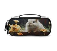 Rrtsmsgh Astuccio per matite con coniglio e fiore, grande capacità, piccola borsa per il trucco in pelle PU con cerniera e manico, astuccio portatile per ufficio e cosmetici