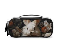 Rrtsmsgh Astuccio per matite con coniglio e fiori, grande capacità, piccola borsa per il trucco in pelle PU con cerniera e manico, astuccio portatile per ufficio e cosmetici