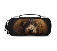 Rrtsmsgh Astuccio per matite con cucciolo di barboncino, grande capacità, piccola borsa per il trucco in pelle PU con cerniera e manico, astuccio portatile per ufficio e cosmetici