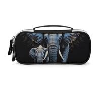 Rrtsmsgh Astuccio per matite con due elefanti su sfondo nero, grande capacità, piccola borsa per il trucco in pelle PU con cerniera e manico, astuccio portatile per ufficio e cosmetici