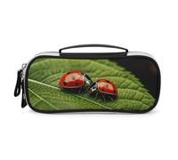 Rrtsmsgh Astuccio per matite con foglie e coccinelle, grande capacità, piccola borsa per il trucco in pelle PU con cerniera e manico, astuccio portatile per ufficio e cosmetici