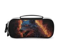 Rrtsmsgh Astuccio per matite con lupo circondato da fuoco, grande capacità, piccola borsa per il trucco in pelle PU con cerniera e manico, astuccio portatile per ufficio e cosmetici