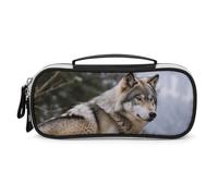 Rrtsmsgh Astuccio per matite con lupo selvatico, grande capacità, piccola borsa per il trucco in pelle PU con cerniera e manico, astuccio portatile per ufficio e cosmetici