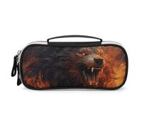 Rrtsmsgh Astuccio per matite con lupo selvatico nel fuoco, grande capacità, piccola borsa per il trucco in pelle PU con cerniera e manico, astuccio portatile per ufficio e cosmetici