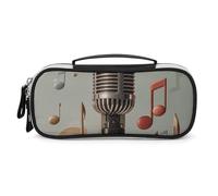 Rrtsmsgh Astuccio per matite con microfono e note musicali, grande capacità, piccola borsa per il trucco in pelle PU con cerniera e manico, astuccio portatile per ufficio e cosmetici