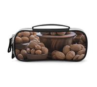 Rrtsmsgh Astuccio per matite con noci di noce, grande capacità, piccola borsa per il trucco in pelle PU con cerniera e manico, astuccio portatile per ufficio e cosmetici