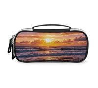 Rrtsmsgh Astuccio per matite con onde e tramonto sulla spiaggia, grande capacità, piccola borsa per il trucco in pelle PU con cerniera e manico, astuccio portatile per ufficio e cosmetici