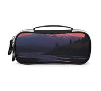 Rrtsmsgh Astuccio per matite con paesaggio tramonto e lago, grande capacità, piccola borsa per il trucco in pelle PU con cerniera e manico, astuccio portatile per ufficio e cosmetici