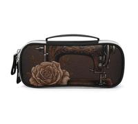 Rrtsmsgh Astuccio per matite con rose e macchina da cucire, grande capacità, piccola borsa per il trucco in pelle PU con cerniera e manico, astuccio portatile per ufficio, cosmetici