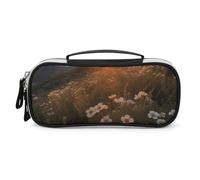 Rrtsmsgh Astuccio per matite con tramonto e fiori, grande capacità, piccola borsa per il trucco in pelle PU con cerniera e manico, astuccio portatile per ufficio e cosmetici