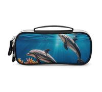 Rrtsmsgh Bellissimo astuccio con delfini corallo, grande capacità, piccola borsa per il trucco in pelle PU con cerniera e manico, astuccio portatile per ufficio e cosmetici