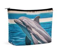 Rrtsmsgh Borsa da trucco con delfino fuori dall'acqua per le donne Borsa da toilette portatile da viaggio, borsa cosmetica in pelle PU con cerniera