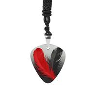 Rrtsmsgh Collana con ciondolo a forma di plettro per chitarra, in acciaio al titanio, con piuma rossa e nera, per uomini e donne, regalo per amanti della musica per chitarristi, musicisti, fan del