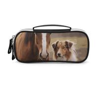 Rrtsmsgh Collie - Astuccio portamatite con cane e cavallo, grande capacità, piccola borsa per il trucco in pelle PU con cerniera e manico, astuccio portatile per ufficio, cosmetici