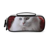 Rrtsmsgh Grazioso astuccio per matite con gatto bianco, grande capacità, piccola borsa per il trucco in pelle PU con cerniera e manico, astuccio portatile per ufficio, cosmetici