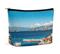 Rrtsmsgh Greek Island Sea View Makeup Bag per le donne Portable Travel Toiletry Pouch, PU Leather Cosmetic Bag con cerniera