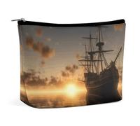 Rrtsmsgh Nave nel lago Sunset Makeup Bag per le donne Portable Travel Toiletry Pouch, PU Leather Cosmetic Bag con cerniera