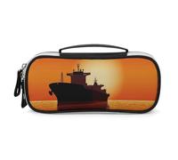 Rrtsmsgh The Tanker Ship on Red Sunrise - Astuccio per matite grande capacità, piccola borsa per il trucco in pelle PU con cerniera e manico, astuccio portatile per ufficio, cosmetici