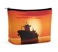 Rrtsmsgh The Tanker Ship on Red Sunrise - Trousse da viaggio portatile, da donna, in pelle PU, con cerniera