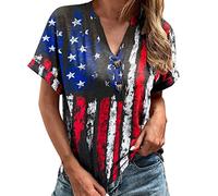 Rrunsv Shirts Damen Sommer Oversize Kurzarm Tunika Damen Independence Day Print Kurzarm Oberteile Sommer Knopf V-Ausschnitt T-Shirts los Blusen Party Top Kurzarm T Shirts Sommer Tops Shirt Sommer Tops