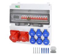 RSE Distributore di corrente da parete completo cablato, varianti 32A CEE, 16A CEE, 230V a scelta, IP66, 1X16A, 1X32A, 6X230V, con contatore LS+